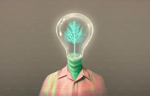 Imagination human with light bulb and glowing tree head, imagination creative concept painting illustration, happiness, surreal art