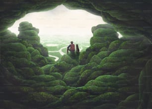 Backpacker and his dog in nature landscape, fantasy painting illustration