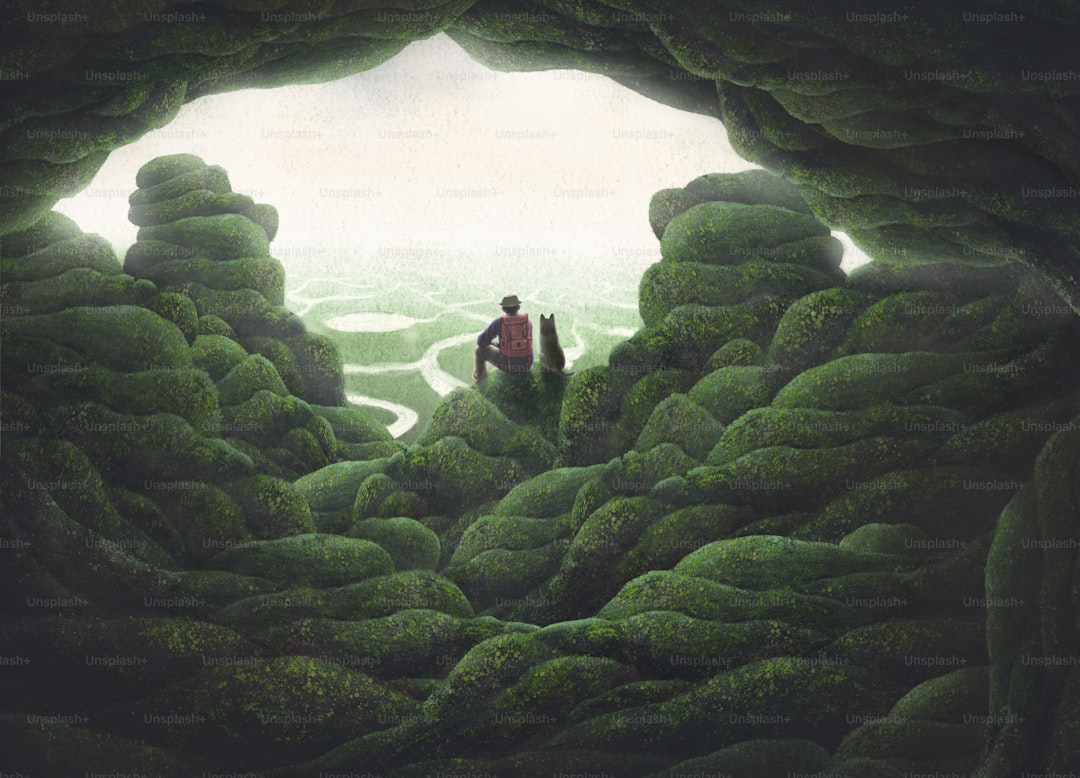 Backpacker and his dog in nature landscape, fantasy painting illustration