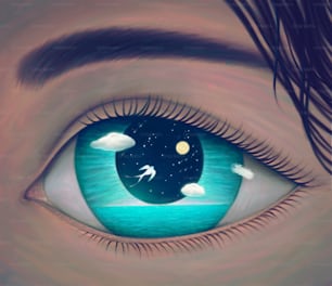 freedom concept surreal artwork, white bird flying to the moon in woman eye, surreal painting, imagination night landscape, fantasy illustration