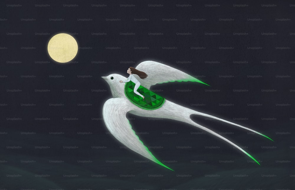 판타지 장면달로 날아가는 새를 타고 있는 어린 소녀, 초현실적인 그림 작품, 상상력