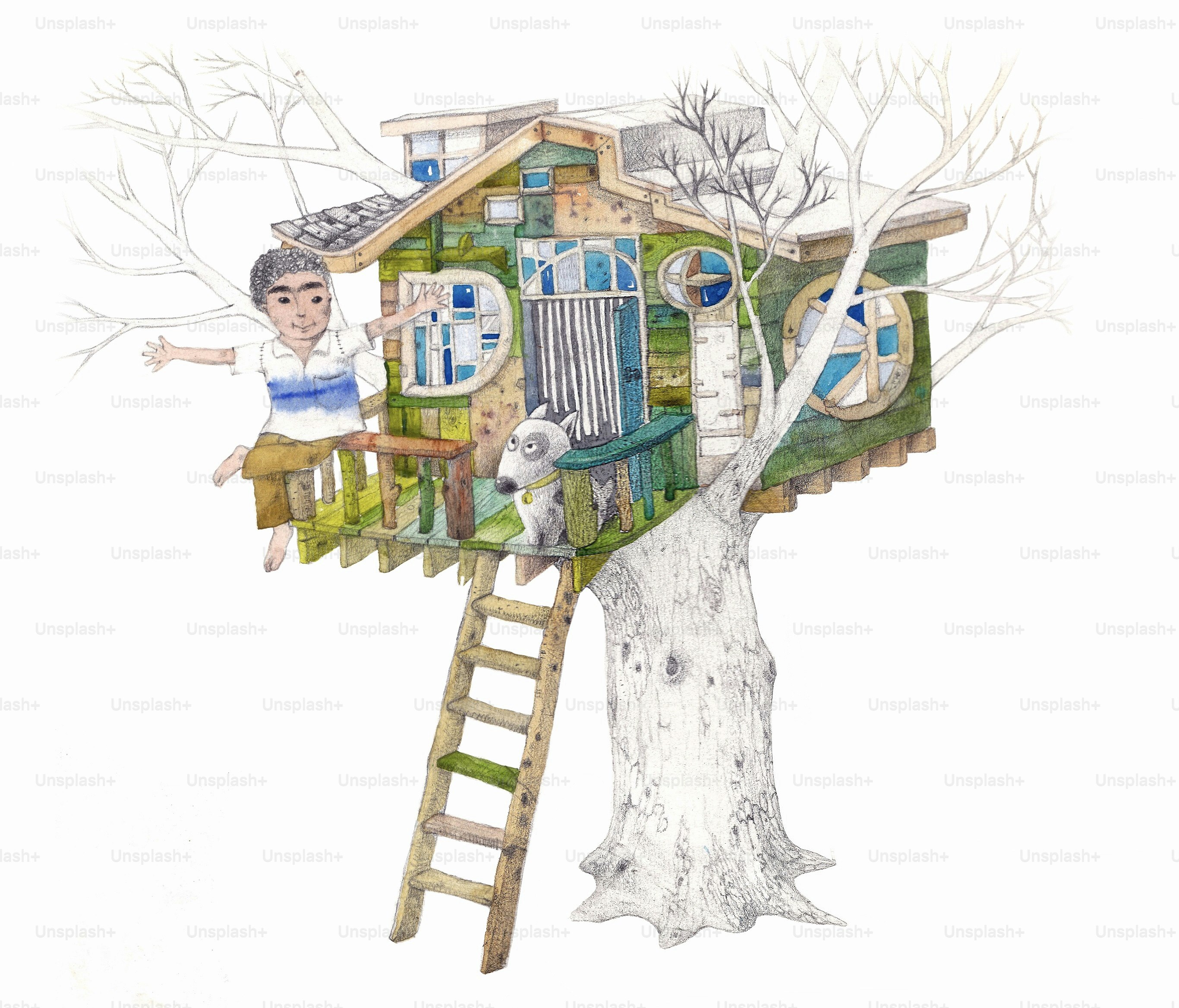 Boy with tree hourse, watercolor painting illustration, cartoon photo