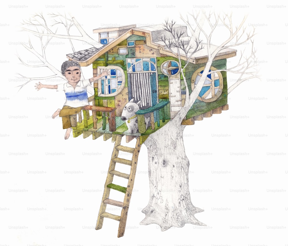 Niño con horas de árbol, ilustración de acuarela, dibujos animados