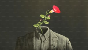 libertad esperanza éxito y sueño concepto pintura, escena surrealista de flor roja crecer en escultura de hombre de negocios roto, naturaleza