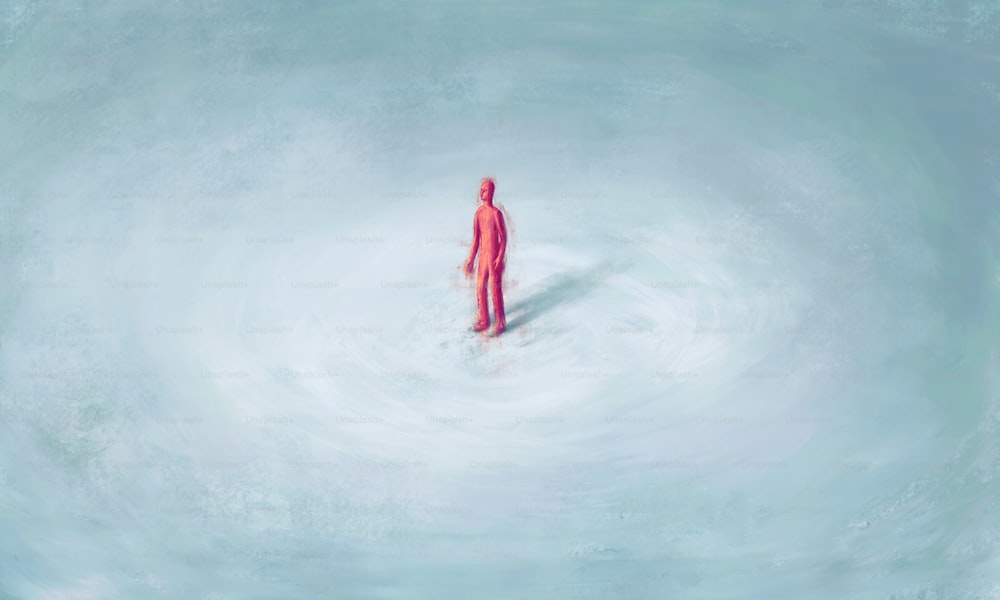 Roter Mann allein im Schnee, surreale Malerei, Einsamkeit, Einsamkeit