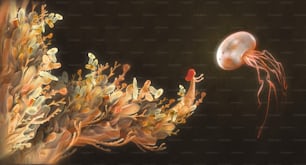 Fantasy-Szenenmädchen mit riesigem Gelee in surrealer Natur, Malkunst, traumhaftes Kunstwerk, Imaginationskonzeptillustration