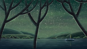 超現実的な夜の海を持つ一人でボートに乗った男、絵画アートワーク、ファンタジーアート、想像力イラスト、孤独のコンセプトアート、孤独な海景