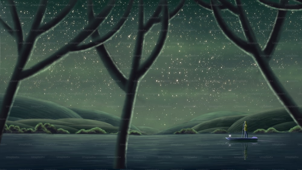 Homme sur bateau seul avec mer nocturne surréaliste, peinture d’art, art fantastique, illustration d’imagination, concept art de solitude, paysage marin de solitude