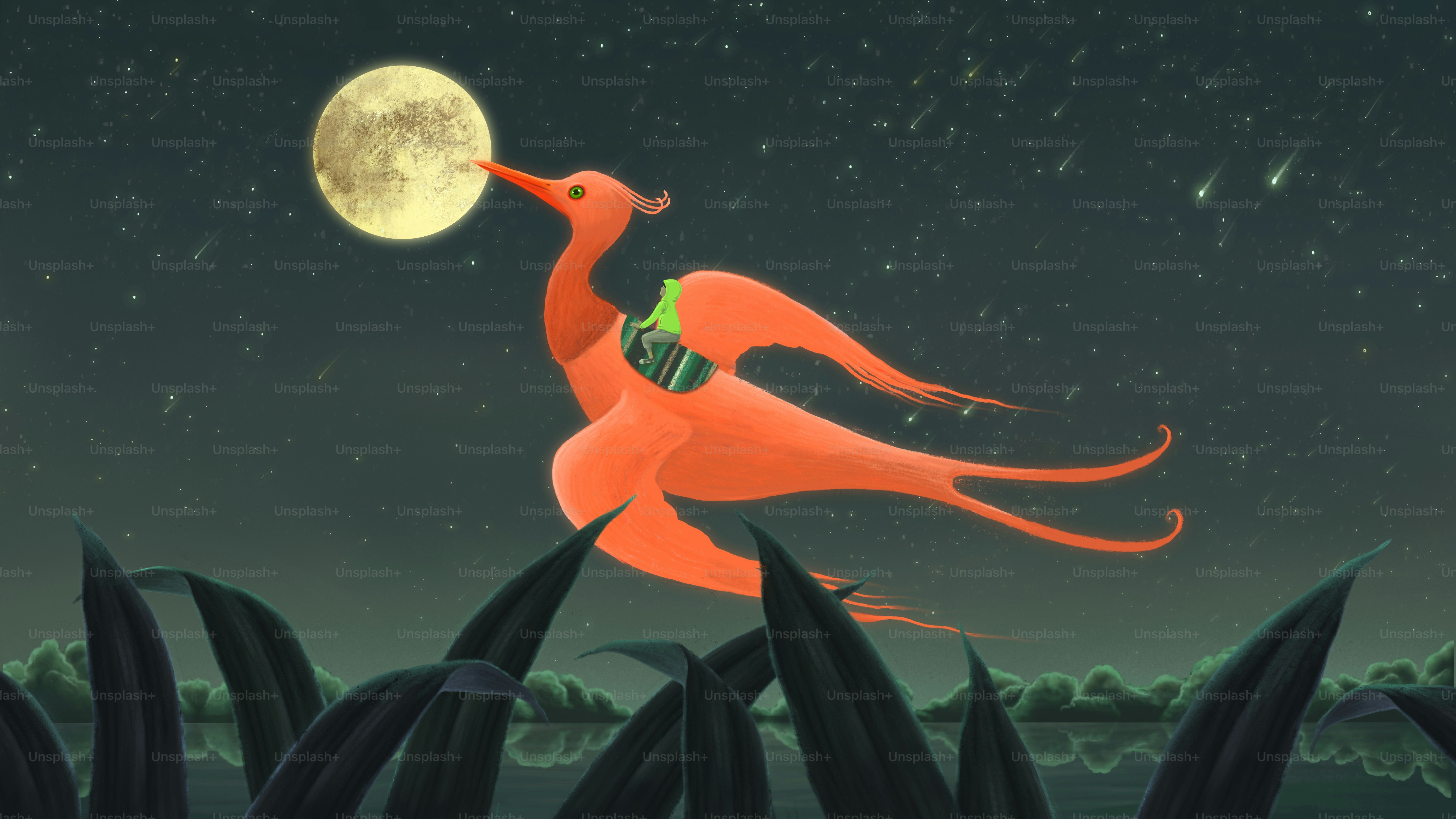 Imaginación escena fantasía niño montando pájaro gigante con la luna, pintura surrealista ilustración, arte, concepto de libertad, obra de arte conceptual