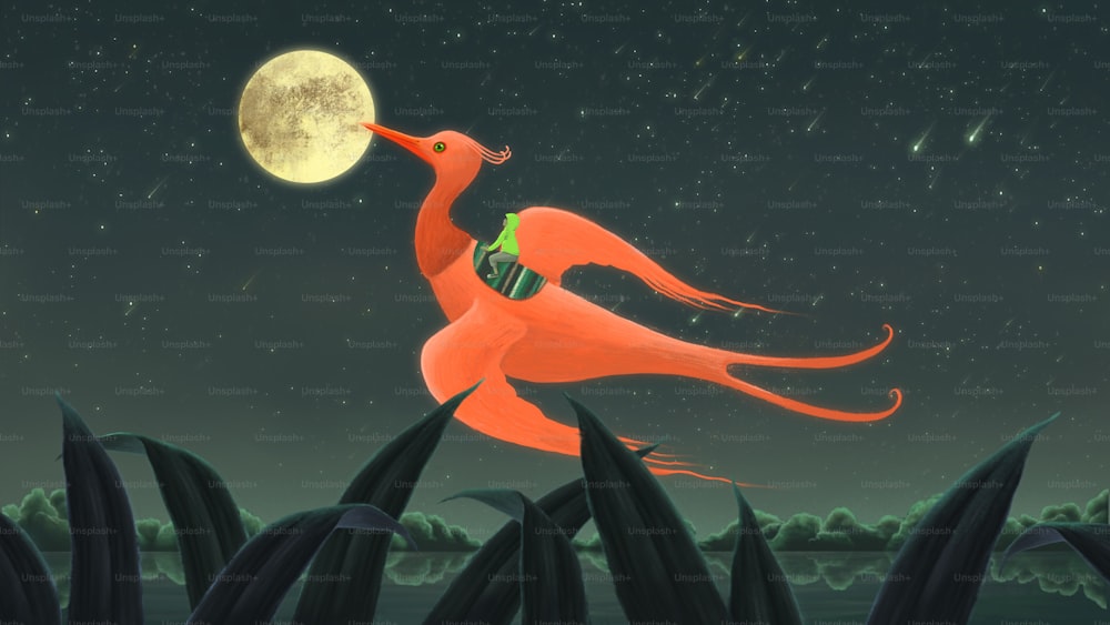 Imagination fantastique scène garçon chevauchant oiseau géant avec la lune, illustration de peinture surréaliste, art, concept de liberté, œuvre d’art conceptuelle