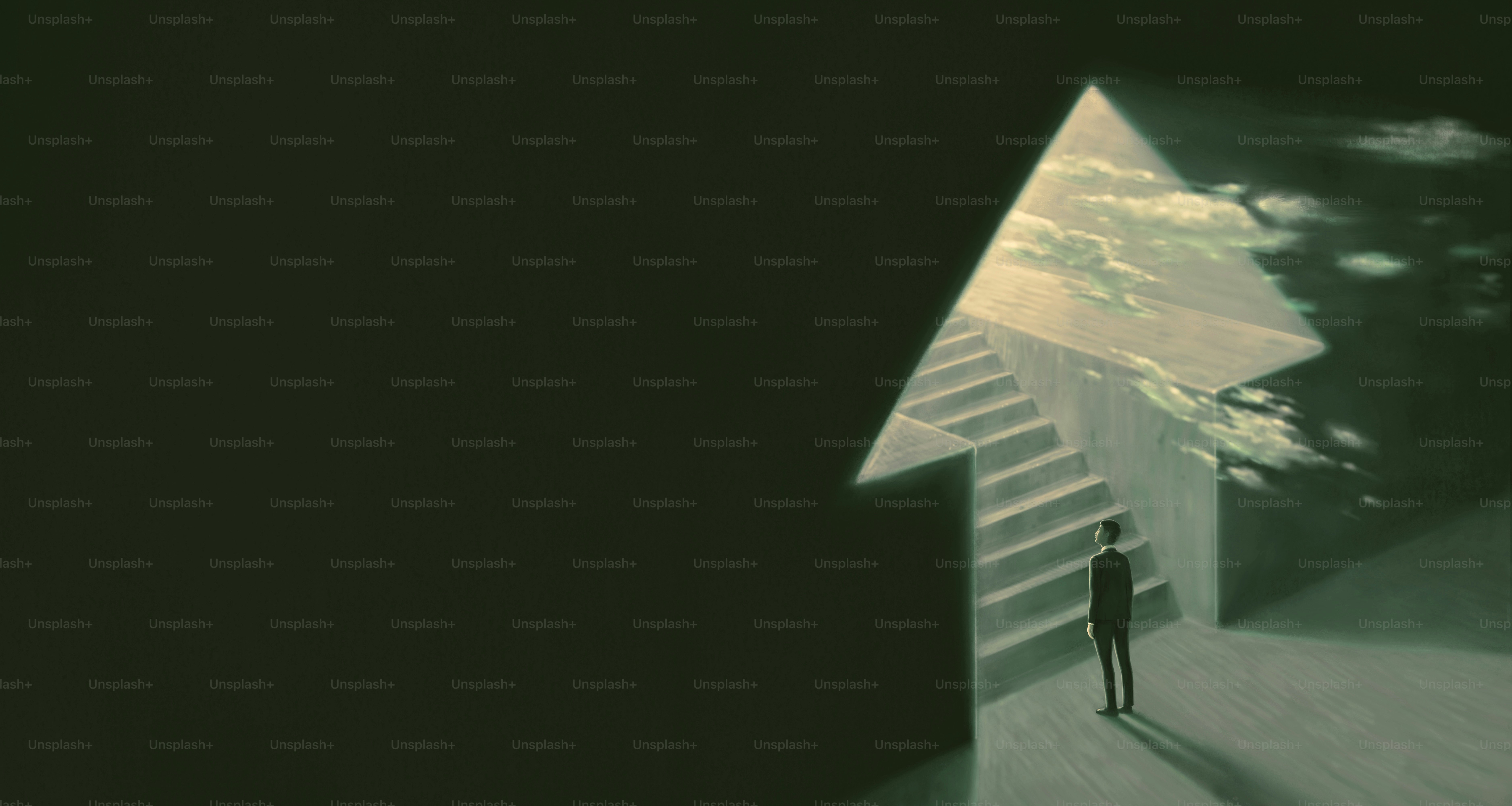 Success ambition hope and dream concept. Surreal artwork. Businessman looking at the light and a stair in a arrow gate, business background illustration. painting artwork. art