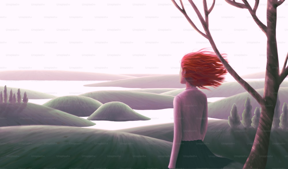 Surreales Kunstwerk einer einsamen Frau auf einem Hügel, Malerei, konzeptuelle Illustration, Freiheit, Hoffnung allein, einsame Einsamkeit und Einsamkeit, Vorstellungskraft der Fantasie, Naturlandschaft