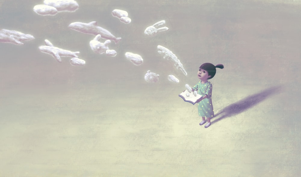 Libro de imaginación con una niña, Educación sueño esperanza inspiración y concepto de libertad, pintura surrealista. Arte de fantasía, arte conceptual, felicidad del niño, ilustración 3d