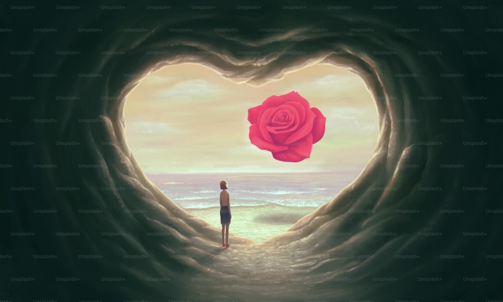 Arte conceitual do amor, mulher com rosa vermelha flutuante na caverna do coração e no mar, paisagem surreal