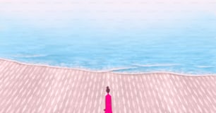 Surreal art, dream hope and loneliness concept, painting illustration, woman alone with fantasy of nature, imagination landscape, sea