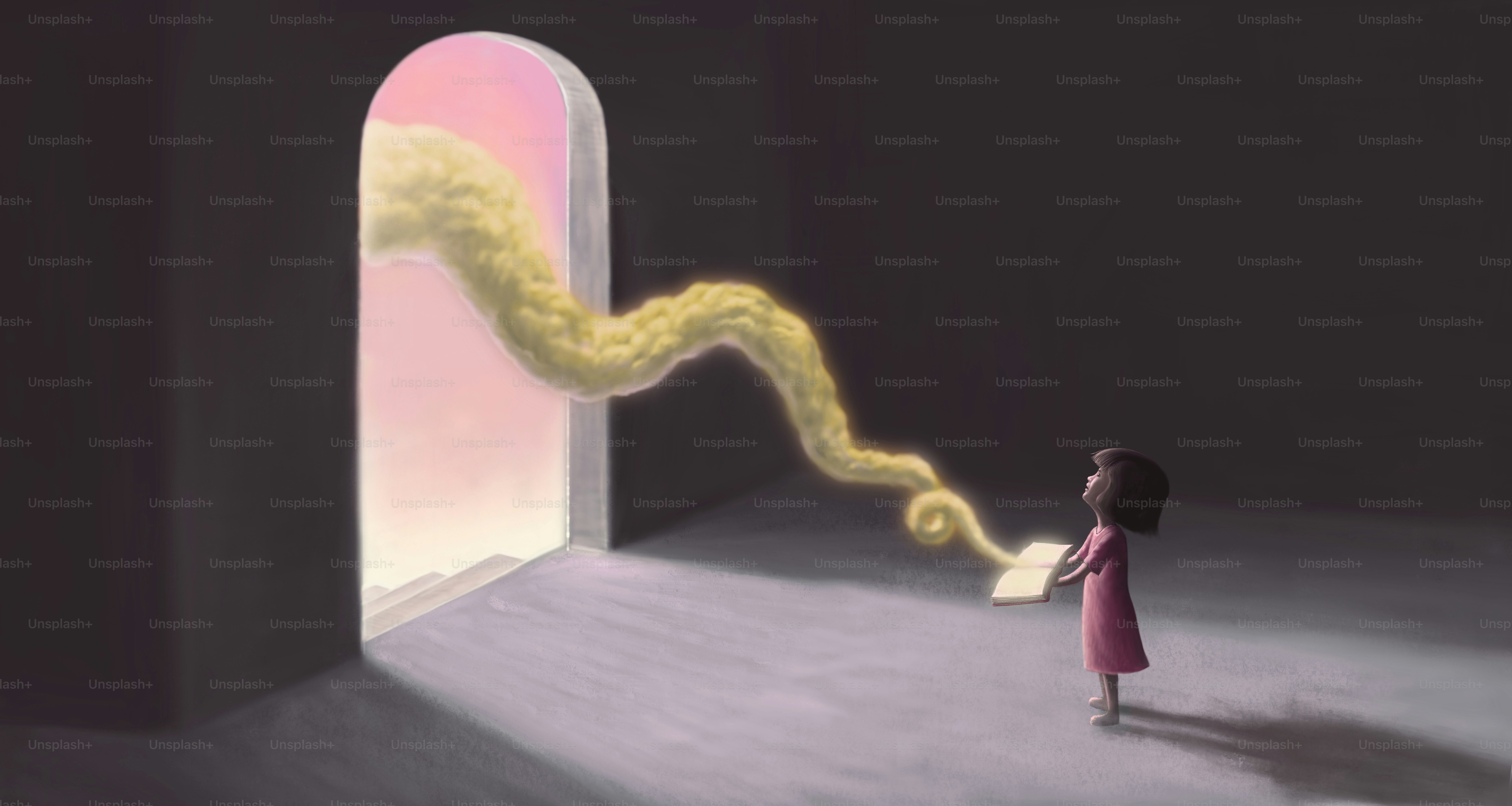 Girl with imagination book , education concept painting, fantasy artwork