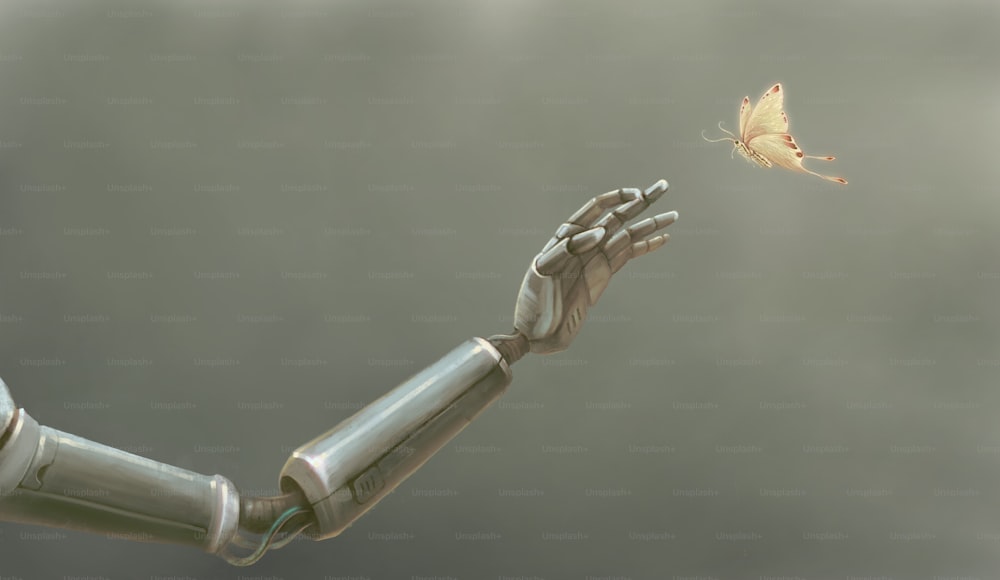Arte surreale del robot con farfalla, idea concettuale di libertà e speranza, illustrazione concettuale
