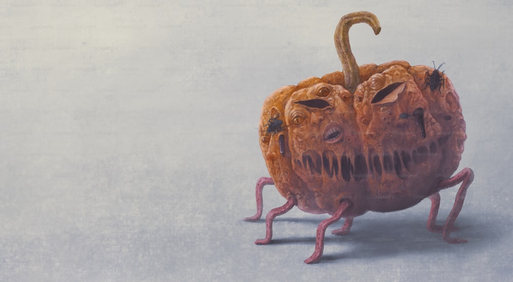 Horror espeluznante monstruo diablo espeluznante y arte conceptual fantasma, Pumkin con cara de miedo, día de halloween, pintura surrealista, arte conceptual, ilustración 3D