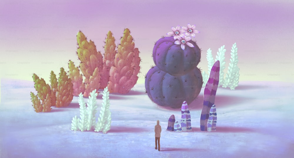 Surreal art of imagination concept idea, A man in fantasy garden. 3d illustration. mystery in nature landscape. cactuses