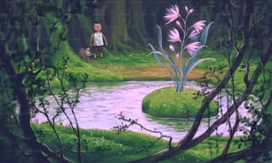 Un ragazzo e il suo cane nella foresta di Fantasy. Concept idea art di immaginazione avventura e sogno. Illustrazione surreale. pittura