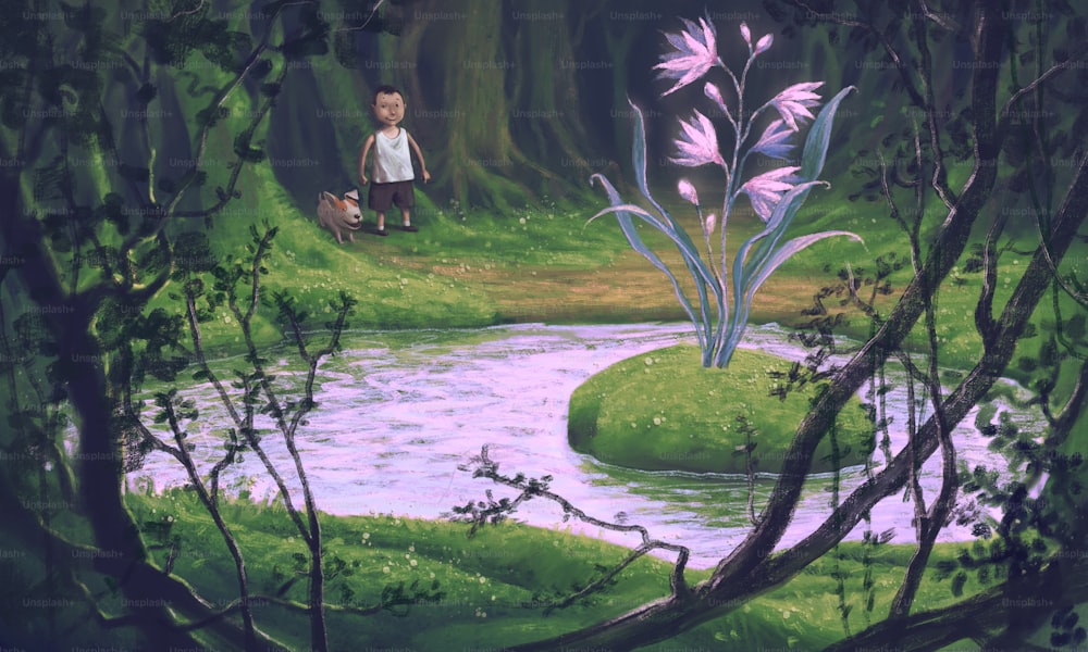 Un niño y su perro en el bosque de fantasía. Concepto idea arte de imaginación, aventura y sueño. Ilustración surrealista. pintura
