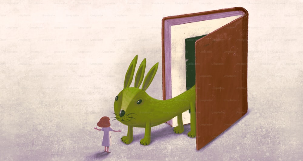A girl and a monster of a book of imagination. concept idea art of dream education and reading. surreal painting. fantasy artwork. cute kid cartoon.