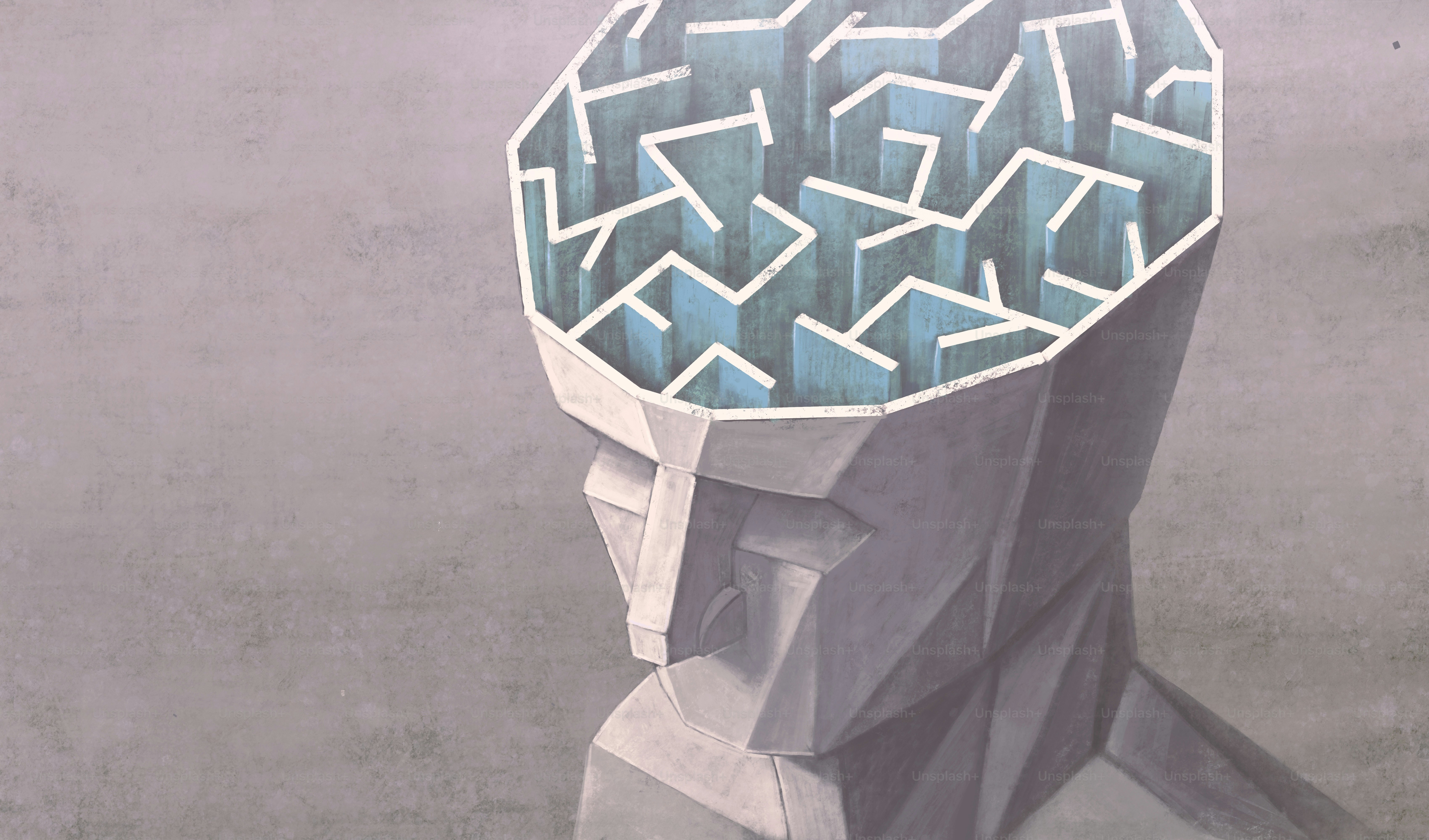Brain maze, concept idea art of thinking, surreal portrait painting, conceptual artwork, 3d illustration