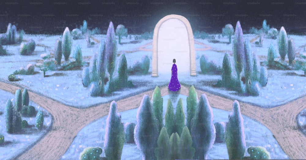 Donna con una porta in paesaggio di fantasia. Concept art del mistero della motivazione della speranza del sogno. Pittura surreale,