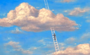 Conceptual art, surreal painting, man with stair in the sky, cloud painting, success hope heaven ambition and dream concept, 3d illustration