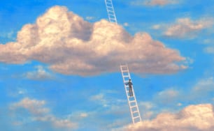 Arte conceptual, pintura surrealista, hombre con escalera en el cielo, pintura de nubes, éxito, esperanza, ambición del cielo y concepto de sueño, ilustración 3d
