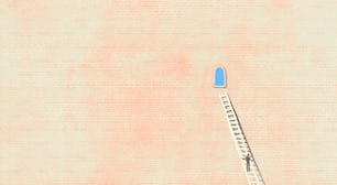Un hombre en una escalera a una puerta del cielo. Pintura surrealista. Concepto idea arte de camino cambiar esperanza y éxito. Ilustración mínima.