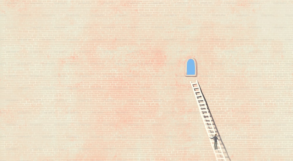 Un hombre en una escalera a una puerta del cielo. Pintura surrealista. Concepto idea arte de camino cambiar esperanza y éxito. Ilustración mínima.