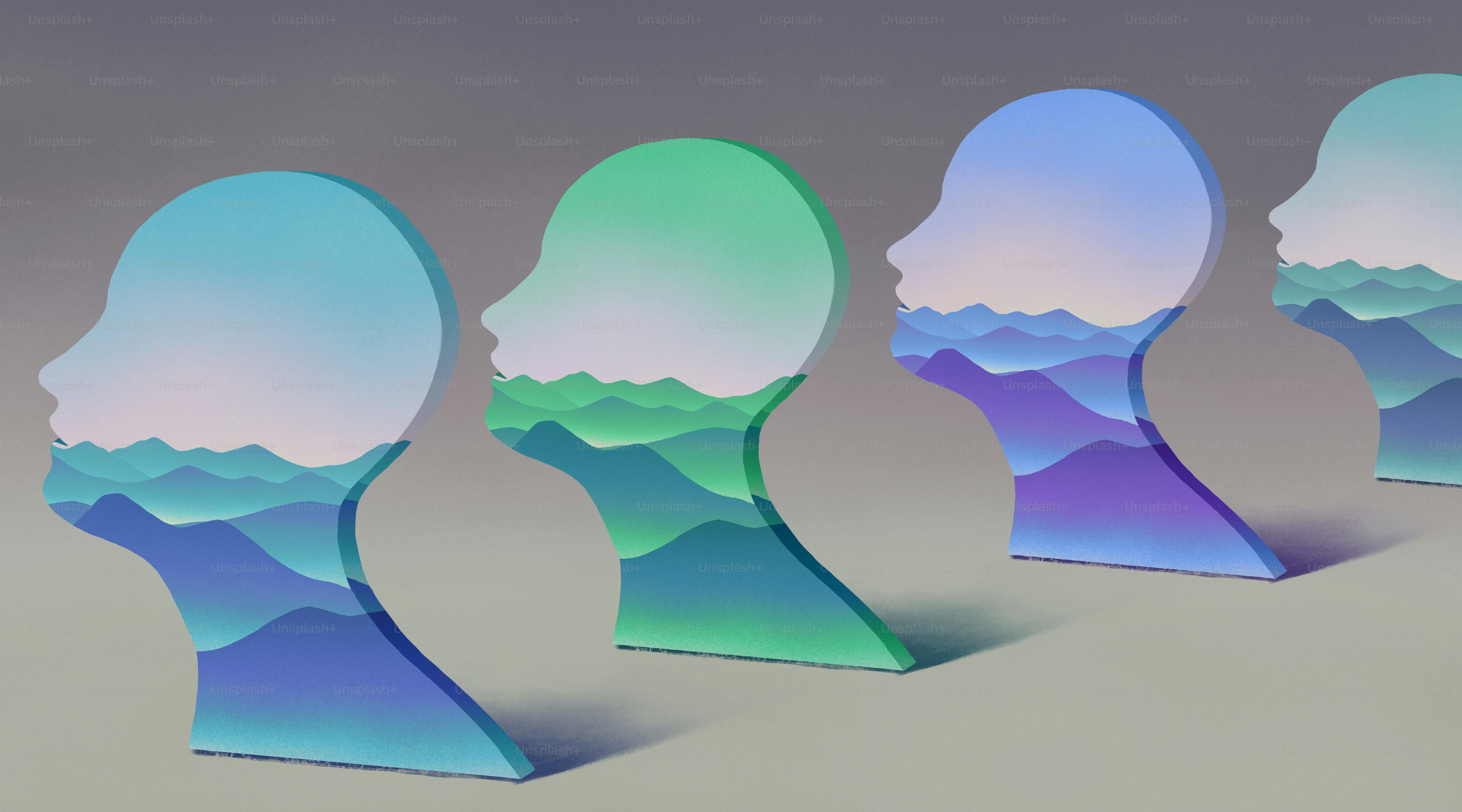 La montagna in un volto di donna. Natura nel ritratto, arte minimale, idea concettuale di sogno e ispirazione.