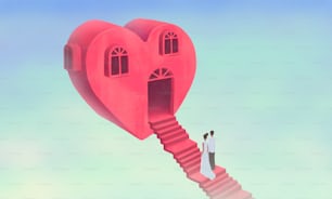 Concept art de l’amour. Peinture fantastique, illustration surréaliste. Un homme et une femme marchant vers une maison de cœur.
