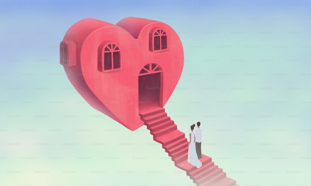 Arte conceitual do amor. Pintura de fantasia, ilustração surreal. Um homem e uma mulher caminhando para uma casa do coração.