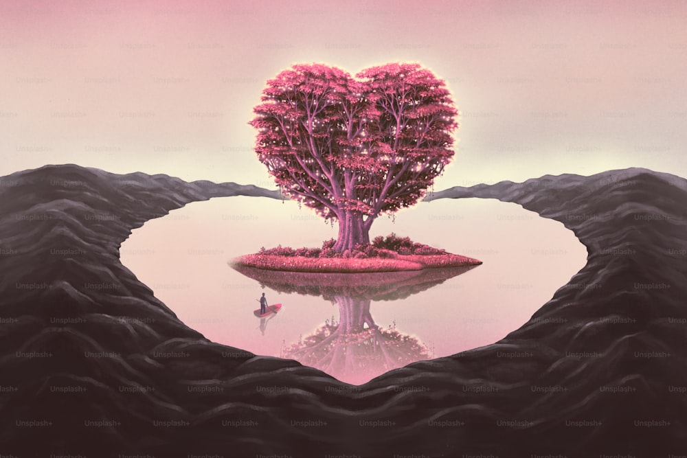 Arte conceitual do amor. Pintura de fantasia, ilustração surreal. Um coração de árvore.