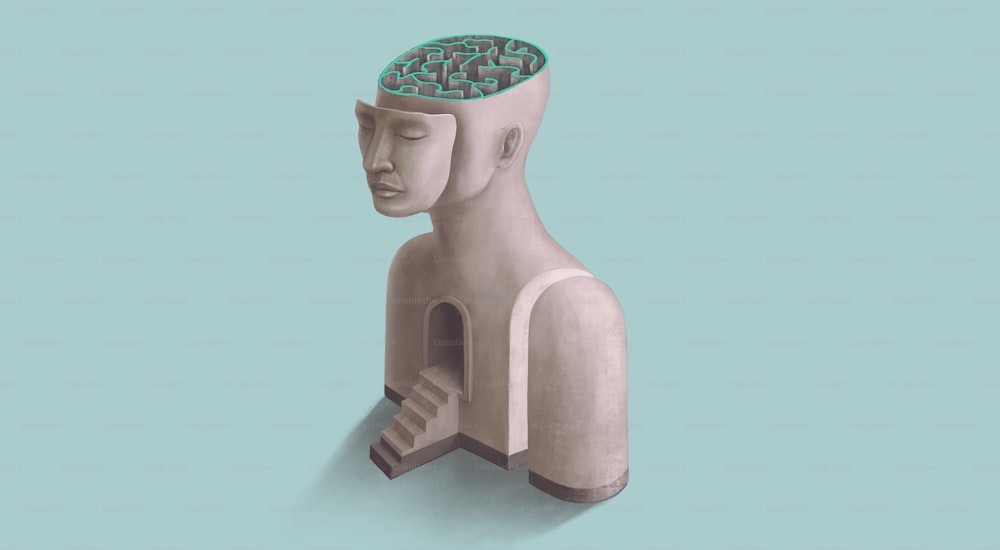 Concept idea art of brain mind and psychology. Surreal artwork of maze on human head.
