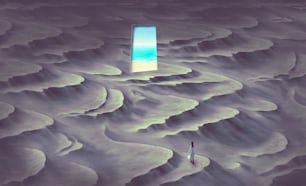 A lonely woman walkong to the door of the sea in surreal landscape. Hope freedom life solution and motivation concept. Conceptual painting.