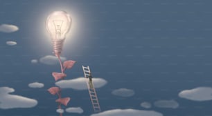 Ideia conceitual de inspiração de negócios de sucesso e criatividade. arte surreal. ilustração 3D conceitual. Árvore de lâmpada e um homem em uma escada.