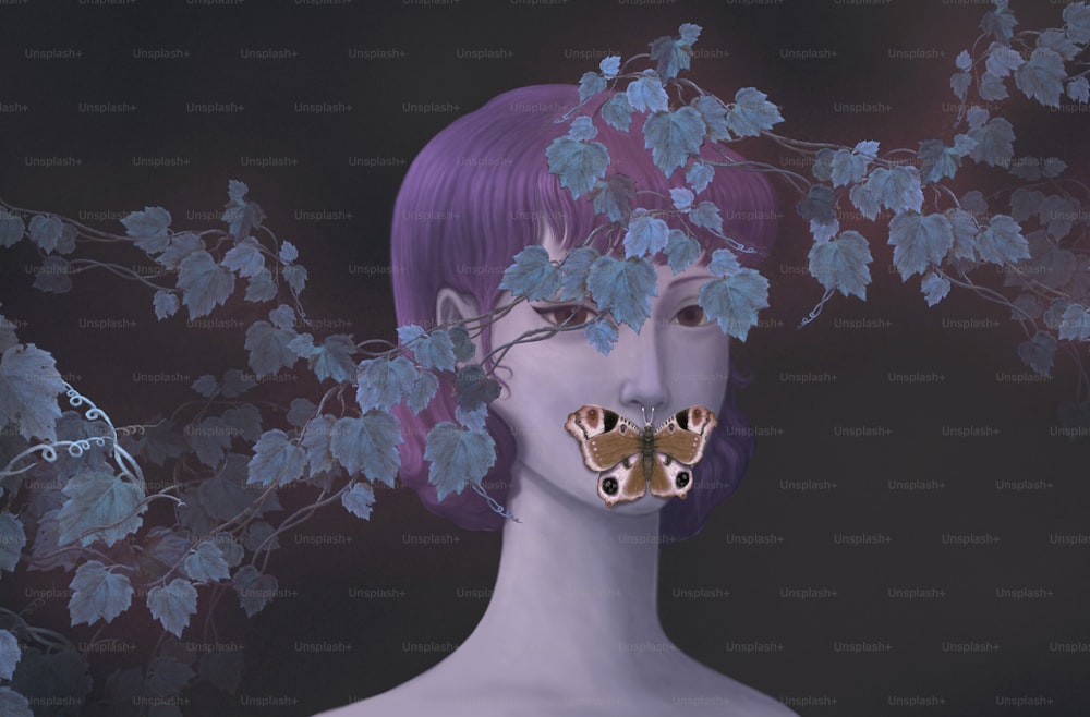 Woman and a  butterfly on her lip. Concept art of mystery and dream. Conceptual artwork. Fantasy  painting.
