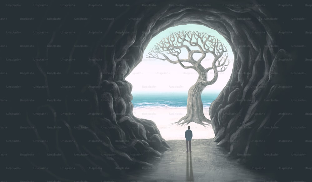 Brain, tree and cave. Concept idea of mind, nature and spiritual. Surreal art. landscape painting. fantasy artwork. conceptual illustration.