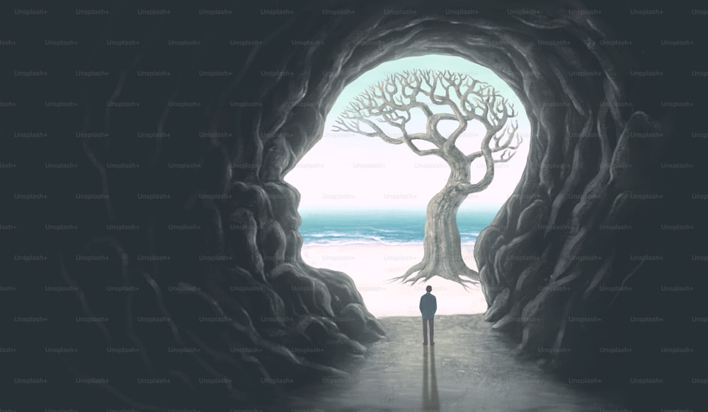 Cerebro, árbol y cueva. Concepto de mente, naturaleza y espiritual. Arte surrealista. Pintura de paisajes. Obras de arte de fantasía. Ilustración conceptual.