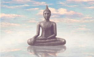 Estatua de Buda con el cielo. Arte conceptual del budismo, la fe, la meditación y la religión. Ilustración de pintura. arte surrealista.