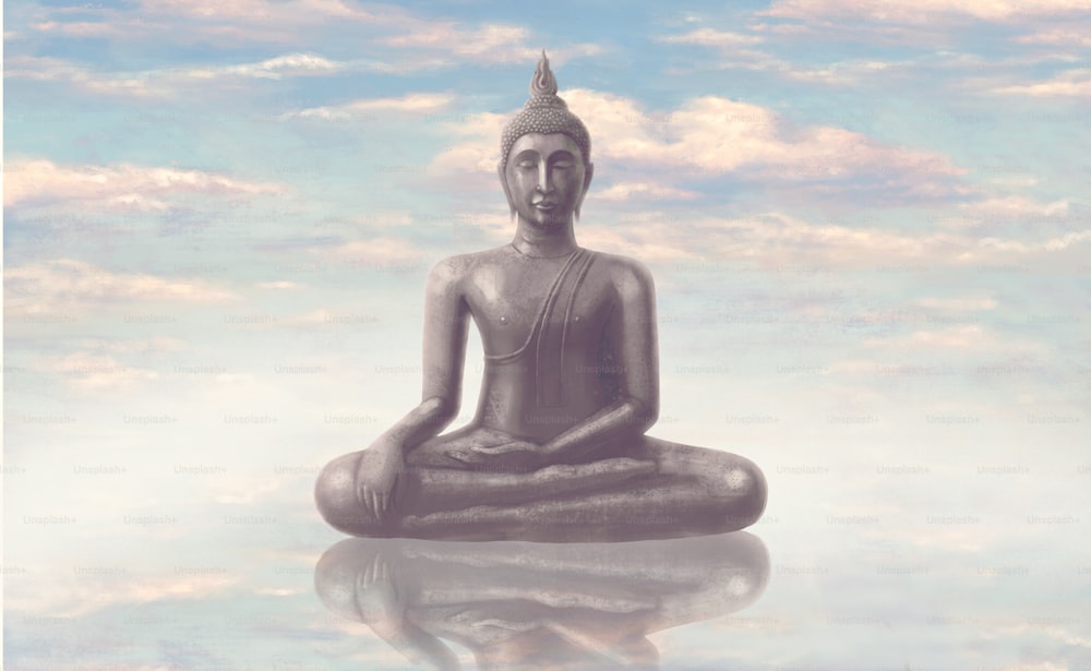 Buddha statue with the sky. Concept art of Buddhist, faith, meditation and religion. painting illustration. surreal art.