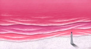 La mujer solitaria y el mar rosa. Concepto de arte de la soledad, la soledad, el amor y la tristeza. Obra conceptual. Ilustración de paisaje marino. Pintura surrealista.