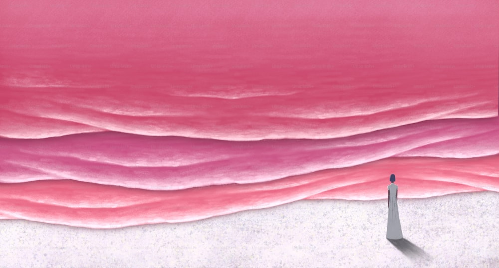 Einsame Frau und das rosa Meer. Konzeptidee Kunst der Einsamkeit, Einsamkeit, Liebe und Traurigkeit. Konzeptuelles Kunstwerk. Illustration der Meereslandschaft. surreale Malerei.