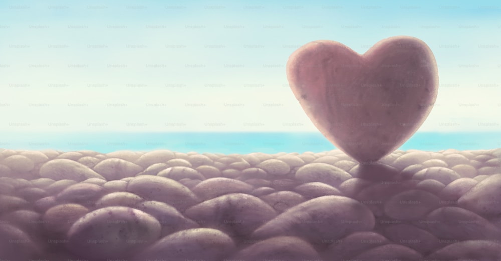 Concetto d'amore. ghiaia di forma di cuore con il mare. pittura di paesaggi marini. spiaggia