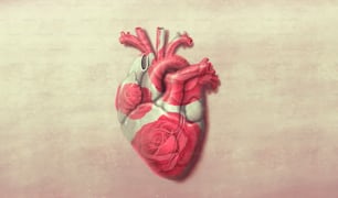 Herz und Rose. Konzeptuelles Kunstwerk der Liebe und des Valentinstags. 3D-Illustration. Surrel Kunstwerk