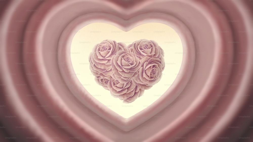 Corazón rosa de amor. Concepto de arte de idea para el Día de San Valentín. Pintura de ilustración 3d. Arte surrealista. Romántico fondo de flores rosas.