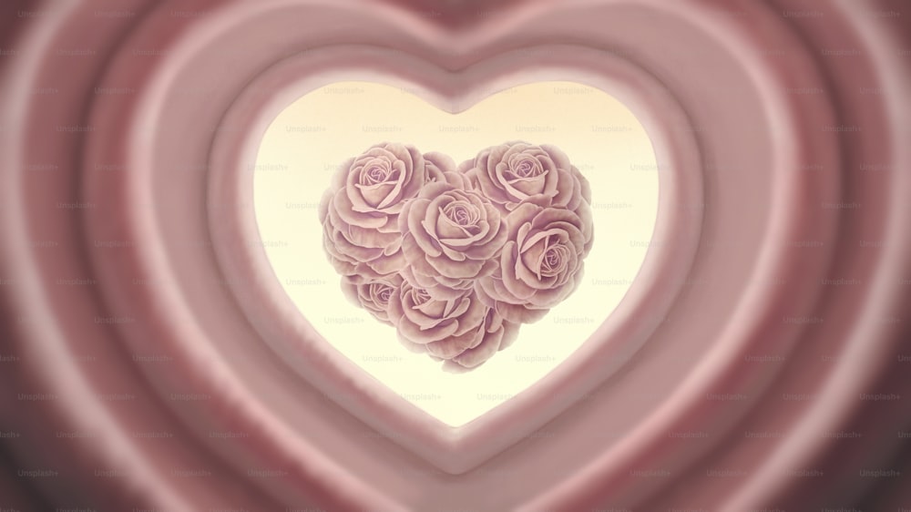 Rosenherz der Liebe. Konzeptideenkunst für den Valentinstag. Malerei 3D-Illustration. Surreales Kunstwerk. Romantischer rosa Blumenhintergrund.